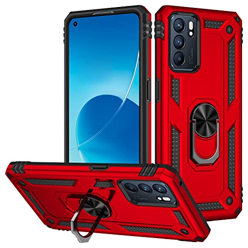 LONUO Phone Case Cover Compatible with Oppo Reno 6 5G Case Mobile Phone with Magnetic Holder Case, Heavy Duty Shockproof Protection Compatible with Oppo Reno6 (5G) Bags Sleeves (Color : Vermelho)