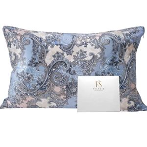felysik blue gray paisley silk pillowcase for hair and skin - standard 20"x26", 22 momme 100% mulberry silk floral print pillow cases with zipper
