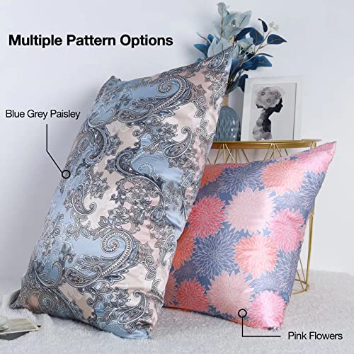 FELYSIK Blue Gray Paisley Silk Pillowcase for Hair and Skin - Standard 20"x26", 22 Momme 100% Mulberry Silk Floral Print Pillow Cases with Zipper