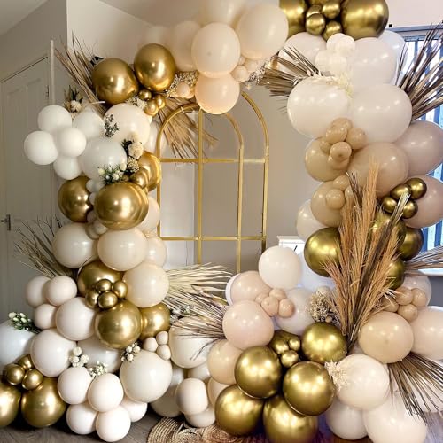 Sand White Ballons Garland, Blush Balloon Garland, Boho Beige Balloon Garland,Retro Sand White Chrome Gold Natural Balloons Decoration, Beige Gold Balloon Arch for Baby Shower Birthday Decorations