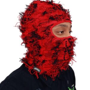 Atakai Balaclava Distressed Knitted Full Face Ski Mask Winter Windproof Neck Warmer for Men Women One Size Fits All, Yeat Inspired (Red Storm)