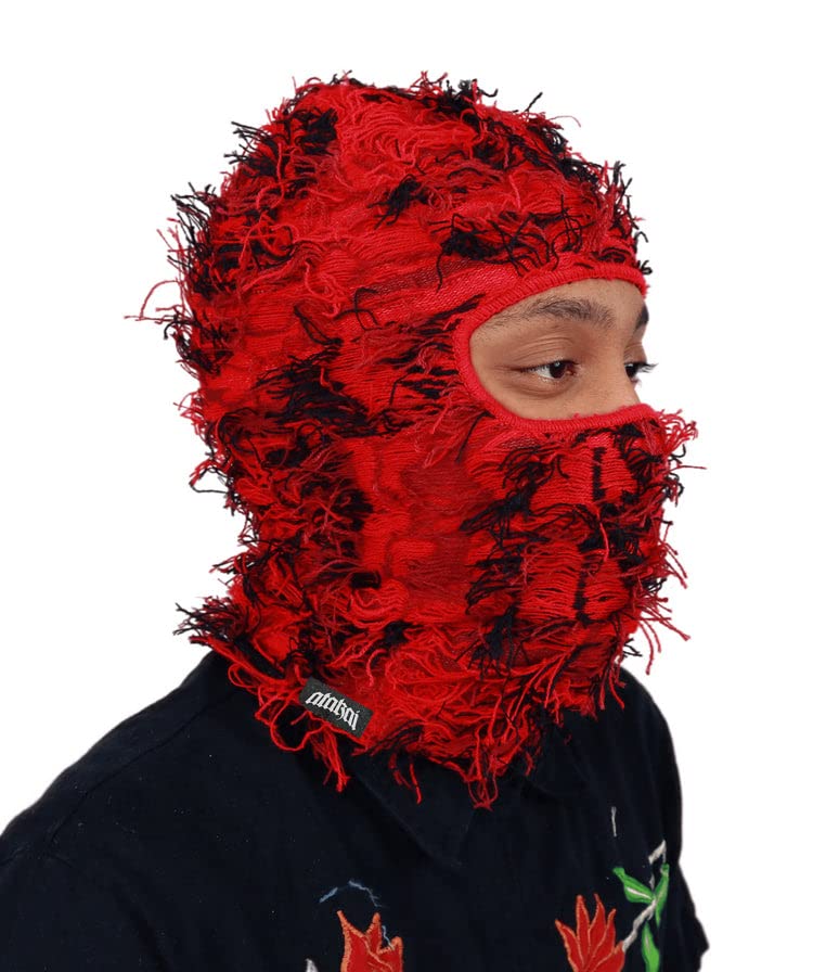 Atakai Balaclava Distressed Knitted Full Face Ski Mask Winter Windproof Neck Warmer for Men Women One Size Fits All, Yeat Inspired (Red Storm)