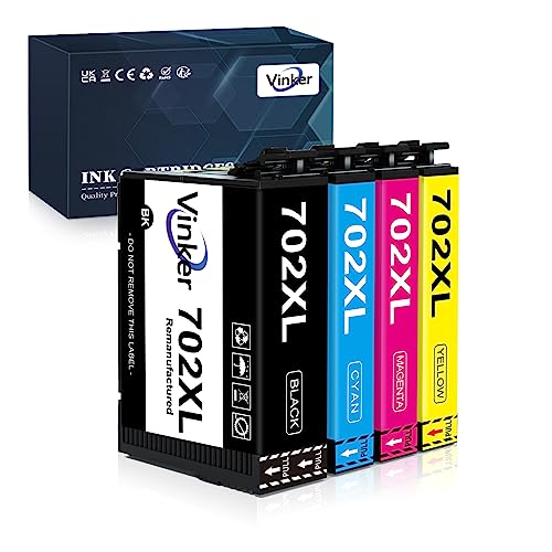 Vinker 702XL Remanufactured Ink Cartridge Replacement for Epson 702XL Ink Cartridges Combo Pack T702XL T702 for EWorkforce Pro WF-3720 WF-3730 WF-3733 Printer (Black, Cyan, Magenta, Yellow, 4 Pack)