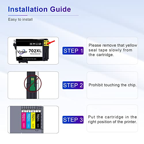 Vinker 702XL Remanufactured Ink Cartridge Replacement for Epson 702XL Ink Cartridges Combo Pack T702XL T702 for EWorkforce Pro WF-3720 WF-3730 WF-3733 Printer (Black, Cyan, Magenta, Yellow, 4 Pack)