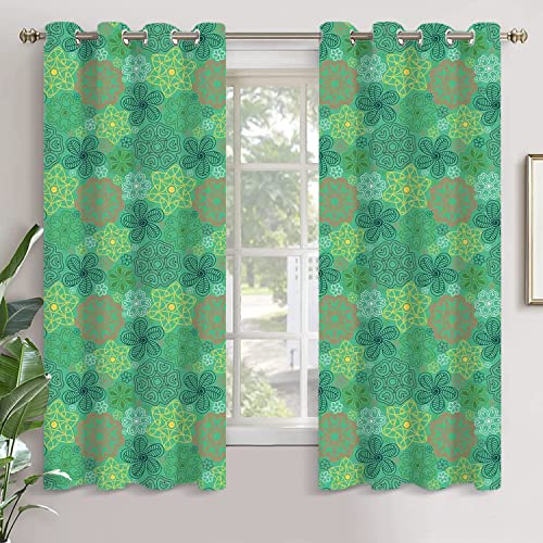 Ethnic Curtains for Living Room Home Decor, Mandala Hippie Boho Floral Swirls Detailed with Emerald Green Backdrop Art Grommet Thermal Insulated Room Darkening Curtains for Living Room W63" x L45"