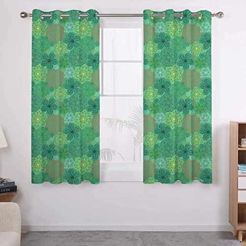 Ethnic Curtains for Living Room Home Decor, Mandala Hippie Boho Floral Swirls Detailed with Emerald Green Backdrop Art Grommet Thermal Insulated Room Darkening Curtains for Living Room W63" x L45"
