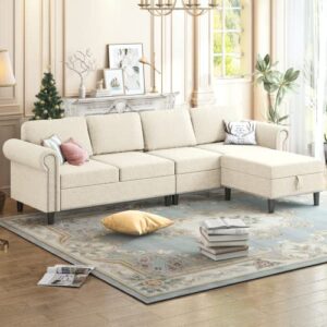 zafly convertible sectional sofa couch with movable storage ottoman, linen 4 seat l shape couch with reversible chaise, living room sets for office, apartment (beige)