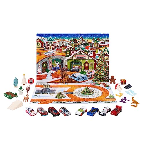 Hot Wheels Toy Car Set, 2023 Advent Calendar with 8 Cars in 1:64 Scale, 16 Accessories & Playmat, Gift for Kids