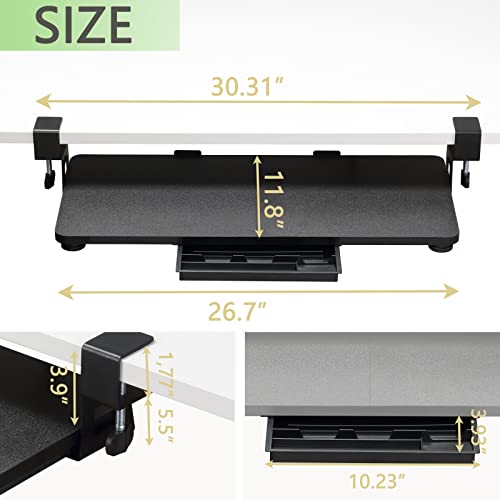 ETHU Keyboard Tray Under Desk, 26.77" X 11.81" Large Size Keyboard Tray with C Clamp-on Mount Easy to Install, Computer Keyboard Stand, Ergonomic Keyboard Tray for Home and Office (Black)