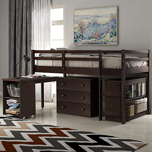 Harper & Bright Designs Twin Loft Bed with Desk Low Study Kids Storage Drawers, for Safety Guard Rails and Bookcase Shelf (Espresso, Desk)