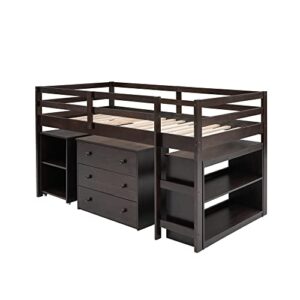 Harper & Bright Designs Twin Loft Bed with Desk Low Study Kids Storage Drawers, for Safety Guard Rails and Bookcase Shelf (Espresso, Desk)