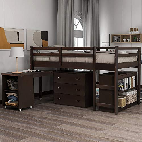 Harper & Bright Designs Twin Loft Bed with Desk Low Study Kids Storage Drawers, for Safety Guard Rails and Bookcase Shelf (Espresso, Desk)