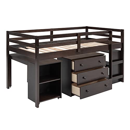 Harper & Bright Designs Twin Loft Bed with Desk Low Study Kids Storage Drawers, for Safety Guard Rails and Bookcase Shelf (Espresso, Desk)