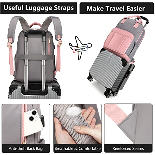 Focdod Laptop Backpack Women Work Bag: 15.6 Inch School College Backpacks Teacher Bags Purse Travel Computer Small Business Nurse Lightweight Back Pack with USB Charging Port Gift Pink
