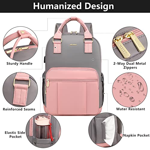 Focdod Laptop Backpack Women Work Bag: 15.6 Inch School College Backpacks Teacher Bags Purse Travel Computer Small Business Nurse Lightweight Back Pack with USB Charging Port Gift Pink
