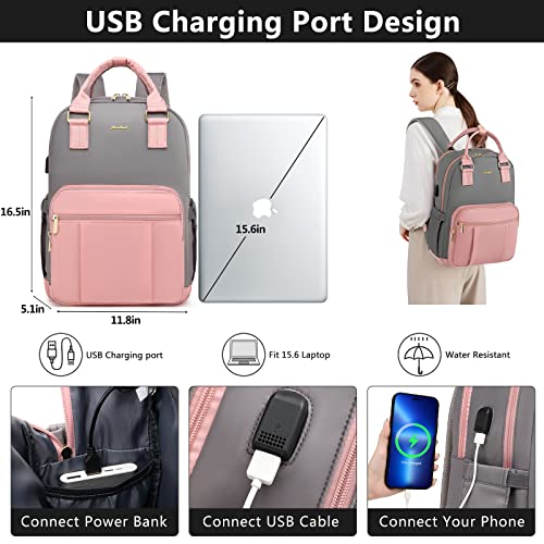 Focdod Laptop Backpack Women Work Bag: 15.6 Inch School College Backpacks Teacher Bags Purse Travel Computer Small Business Nurse Lightweight Back Pack with USB Charging Port Gift Pink