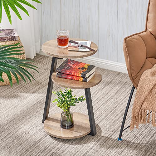 BEWISHOME Round End Table Side with Metal Frame, Accent Nightstand Bedside 3-Tier Shelves, Small for Living Room Bedroom Couch Coffee Greige KTZ41G