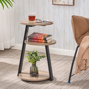 BEWISHOME Round End Table Side with Metal Frame, Accent Nightstand Bedside 3-Tier Shelves, Small for Living Room Bedroom Couch Coffee Greige KTZ41G