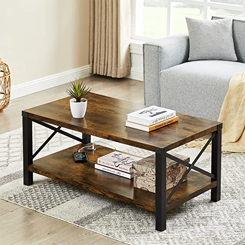 Okvnbjk Farmhouse Coffee Table, 2-Tier Center Table for Living Room, Industrial Living Room Table with Charging Station, Cocktail Table with Wireless Charger Pad & USB Port, 40 inch, Rustic Brown