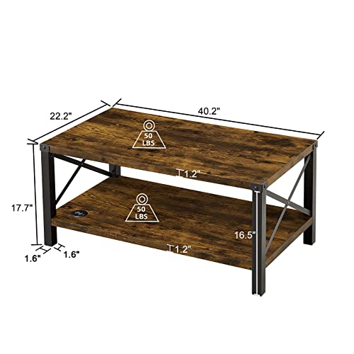 Okvnbjk Farmhouse Coffee Table, 2-Tier Center Table for Living Room, Industrial Living Room Table with Charging Station, Cocktail Table with Wireless Charger Pad & USB Port, 40 inch, Rustic Brown
