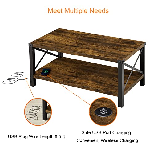 Okvnbjk Farmhouse Coffee Table, 2-Tier Center Table for Living Room, Industrial Living Room Table with Charging Station, Cocktail Table with Wireless Charger Pad & USB Port, 40 inch, Rustic Brown