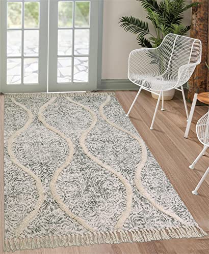 Uphome Boho Area Rug 4' x 6' Washable Vintage Printed Living Room Rug Gray Tufted Distressed Bedroom Rug with Tassels Cotton Farmhouse Floor Carpet for Dining Entryway Kids' Room