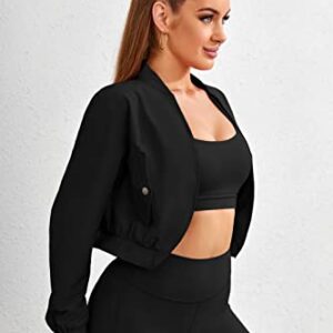 Kolagri Women Long Sleeve Cropped Windbreaker Open Front Quick Dry Thin Bomber Jacket Workout Bolero Jackets Tops Black M