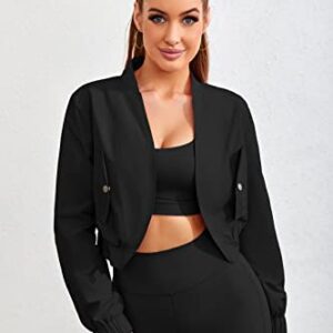 Kolagri Women Long Sleeve Cropped Windbreaker Open Front Quick Dry Thin Bomber Jacket Workout Bolero Jackets Tops Black M