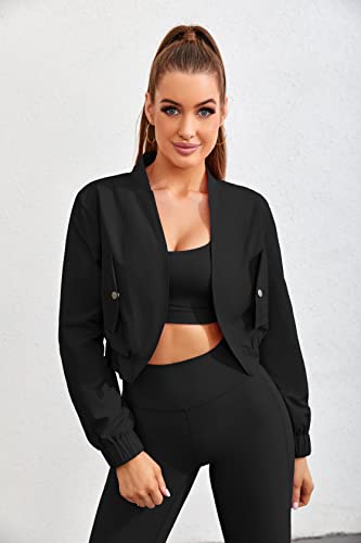 Kolagri Women Long Sleeve Cropped Windbreaker Open Front Quick Dry Thin Bomber Jacket Workout Bolero Jackets Tops Black M