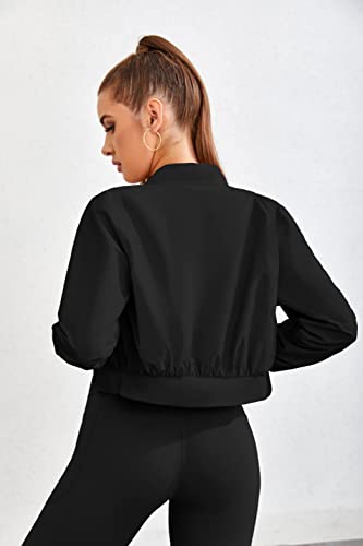 Kolagri Women Long Sleeve Cropped Windbreaker Open Front Quick Dry Thin Bomber Jacket Workout Bolero Jackets Tops Black M