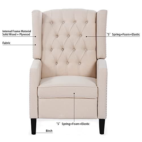 Push Back Single Recliner Chair,27" W Dual Function Foot System,Manual Wing Chair for Office, Den, Living Room, Bedroom, and Guest Room (Fabric, Beige)