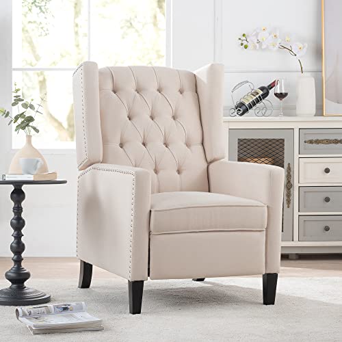 Push Back Single Recliner Chair,27" W Dual Function Foot System,Manual Wing Chair for Office, Den, Living Room, Bedroom, and Guest Room (Fabric, Beige)