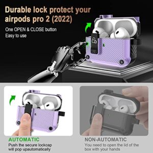 [5in1 Set] Case for Airpods Pro 2nd Generation with Secure Lock, Carbon Fiber PC+TPU Full Body Protective Air Pods Pro 2 Case Cover for Women with Fashion Candy Keychain (Purple)