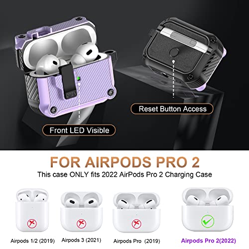 [5in1 Set] Case for Airpods Pro 2nd Generation with Secure Lock, Carbon Fiber PC+TPU Full Body Protective Air Pods Pro 2 Case Cover for Women with Fashion Candy Keychain (Purple)