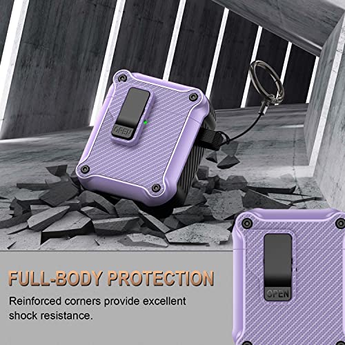 [5 in 1] Case for Airpods 2/1 with Lock, Carbon Fiber Secure Lock Clip PC+TPU Shockproof Protective AirPods Cover Case for Women for AirPod 1st and 2nd Gen with Fashion Candy Keychain(Purple)