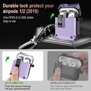 [5 in 1] Case for Airpods 2/1 with Lock, Carbon Fiber Secure Lock Clip PC+TPU Shockproof Protective AirPods Cover Case for Women for AirPod 1st and 2nd Gen with Fashion Candy Keychain(Purple)