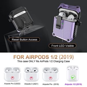 [5 in 1] Case for Airpods 2/1 with Lock, Carbon Fiber Secure Lock Clip PC+TPU Shockproof Protective AirPods Cover Case for Women for AirPod 1st and 2nd Gen with Fashion Candy Keychain(Purple)