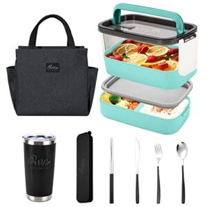 pvspro just for you bento box set with insulated tote, mug & cutlery set, stackable bento box for lunch, bento kit lunch box with handle, large bento lunchbox container, japanese bento (cyan)