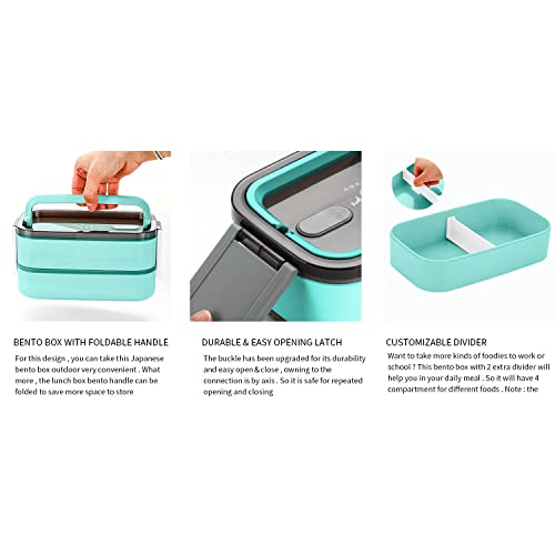 PVSpro JUST FOR YOU Bento Box Set with Insulated Tote, Mug & Cutlery Set, Stackable Bento Box for Lunch, Bento Kit Lunch Box with Handle, Large Bento Lunchbox Container, Japanese Bento (Cyan)