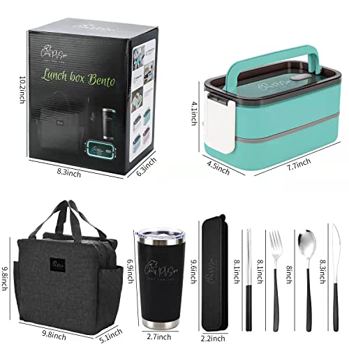 PVSpro JUST FOR YOU Bento Box Set with Insulated Tote, Mug & Cutlery Set, Stackable Bento Box for Lunch, Bento Kit Lunch Box with Handle, Large Bento Lunchbox Container, Japanese Bento (Cyan)