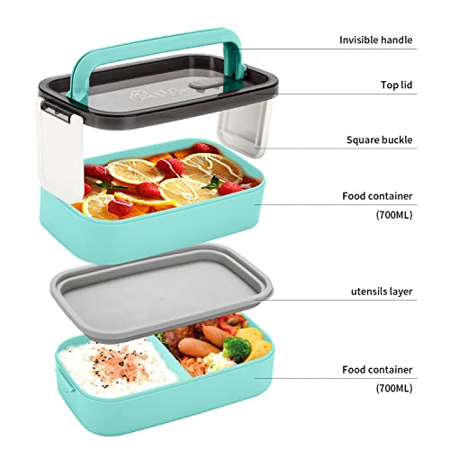 PVSpro JUST FOR YOU Bento Box Set with Insulated Tote, Mug & Cutlery Set, Stackable Bento Box for Lunch, Bento Kit Lunch Box with Handle, Large Bento Lunchbox Container, Japanese Bento (Cyan)