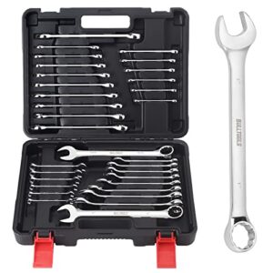 bulltools 32-piece combination wrench set, sae and metric 1/4"-1" & 7mm-22mm wrenches chrome vanadium steel box end and open end standard wrench set with case