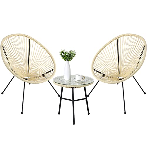 LIFERUN Acapulco Chair,Balcony Furniture,Balcony Set,Outdoor Bistro Set,Glass Tabletop, Rattan Woven Rope,3 Piece Patio Set-Beige