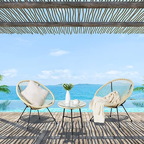 LIFERUN Acapulco Chair,Balcony Furniture,Balcony Set,Outdoor Bistro Set,Glass Tabletop, Rattan Woven Rope,3 Piece Patio Set-Beige