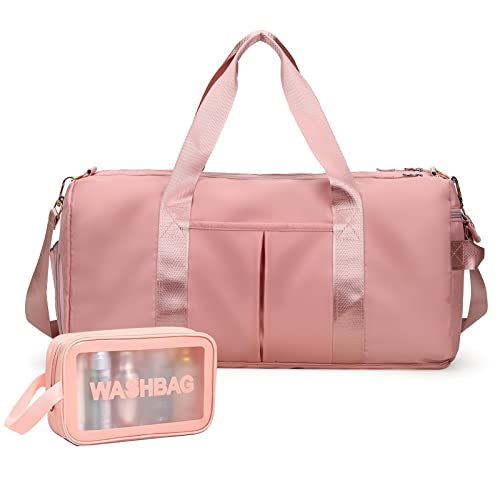 Gym Duffle Bag for Women Men Sport Travel Duffle Bag with Toiletry Bag, Small Gym Bag with Wet Pocket & Shoe Compartment, Overnight Bag Hospital Bags for Labor and Delivery - Pink