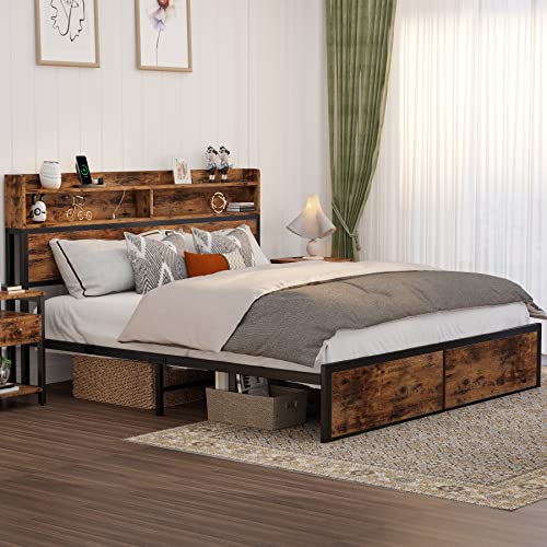 IRONCK Full Size Bed Frame with Bookcase Headboard with Charging Station, Mattress Foundation/No Box Spring Needed, Non-Slip Without Noise, Vintage Brown