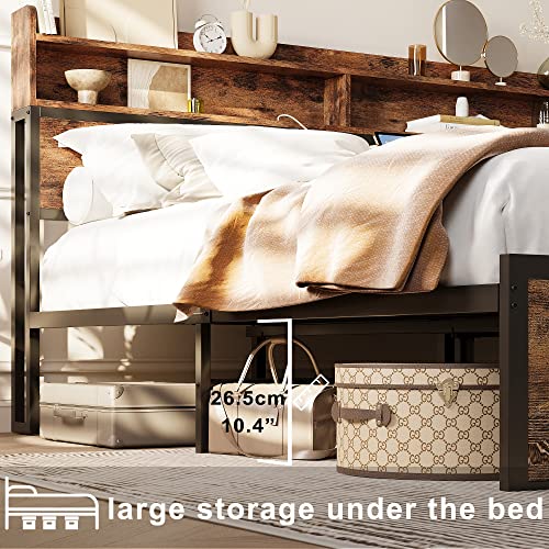 IRONCK Full Size Bed Frame with Bookcase Headboard with Charging Station, Mattress Foundation/No Box Spring Needed, Non-Slip Without Noise, Vintage Brown