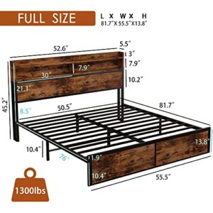 IRONCK Full Size Bed Frame with Bookcase Headboard with Charging Station, Mattress Foundation/No Box Spring Needed, Non-Slip Without Noise, Vintage Brown