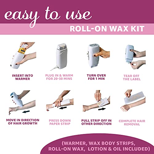 Depimiel Soft Wax Kit - Wax Roller with Warmer and Wax Strips - Wax Roll-On with Before and After Depilatory Lotions - Roller Wax for Legs, Arms, Bikini, Face - Gentle At-Home Waxing Kit