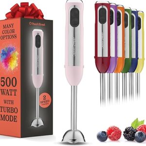 powerful immersion blender, electric hand blender 500 watt with turbo mode, detachable base. handheld kitchen blender stick for soup, smoothie, puree, baby food, 304 stainless steel blades (pink)
